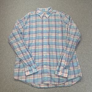 Faherty Cotton Linen Shirt Mens Medium Blue Plaid Button Up Long Sleeve Outdoor